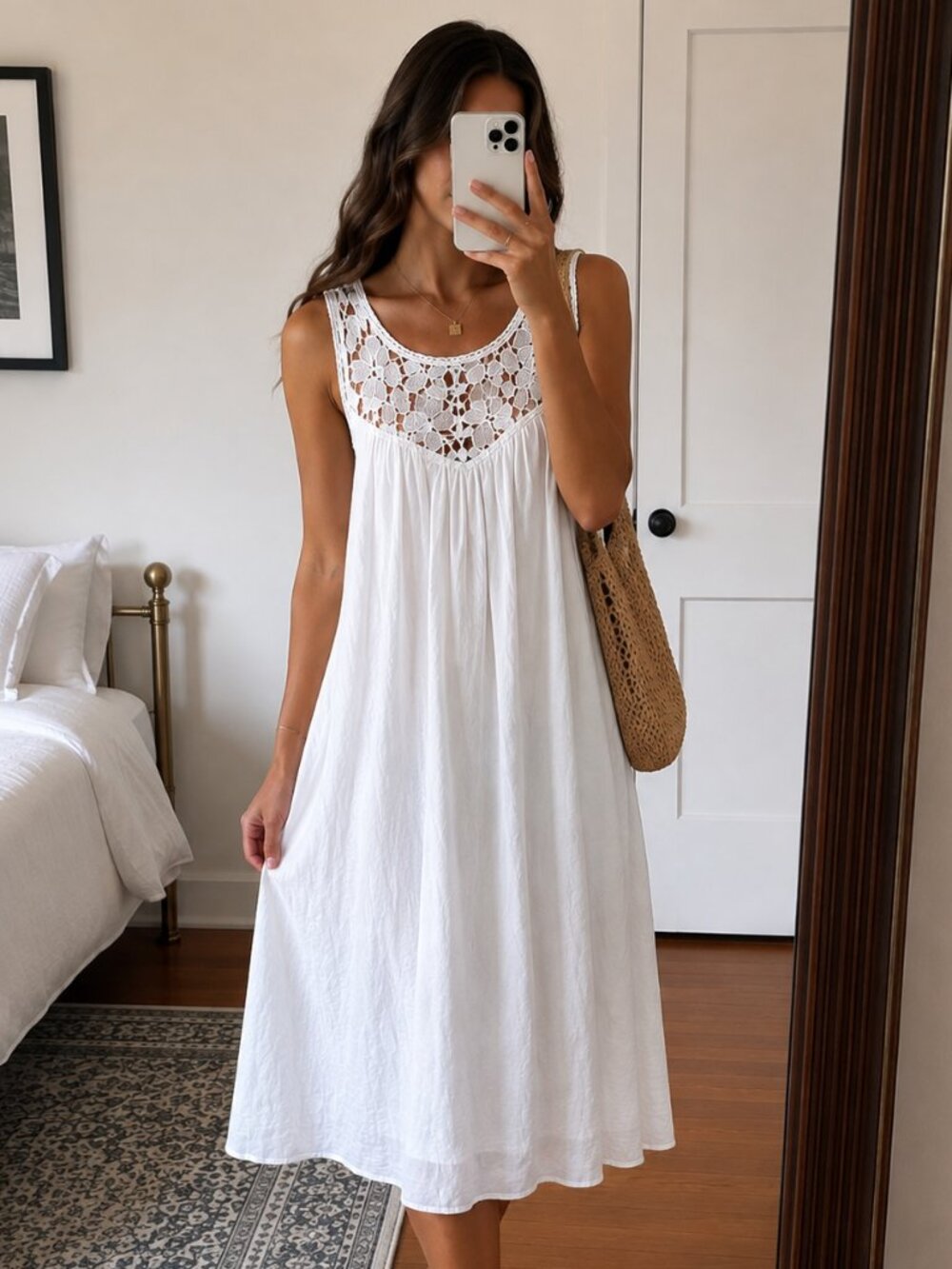 Knox Rose White Cotton Crochet Lace Boho Midi Dress